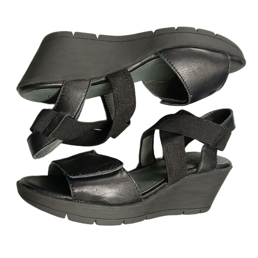 Bussola Zumaia Wedge Sandals Womens 8 Black Comfort Peep Toe Criss-Cross Strap‎